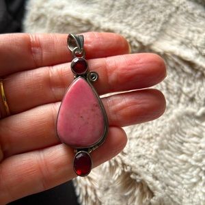 pink stone and garnet pendant/ silver